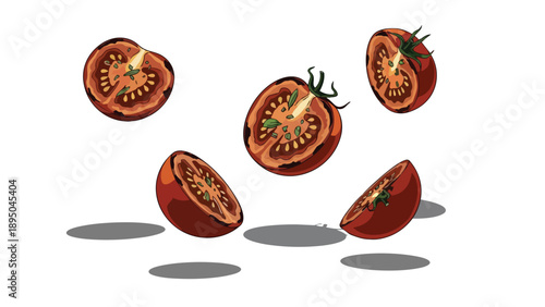 Artistic depiction of freshly cut heirloom tomatoes falling gracefully with subtle shadows