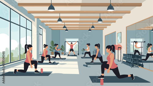 Group fitness class in modern gym with large windows and lush greenery