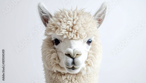 Close-up portrait of a fluffy white alpaca against a clean background.