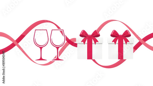 Elegant wine glasses and gifts with a flowing pink ribbon for celebrations