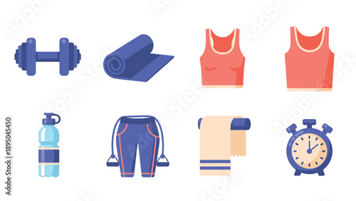 Essential fitness equipment icons for home workout: dumbbell, yoga mat, stopwatch