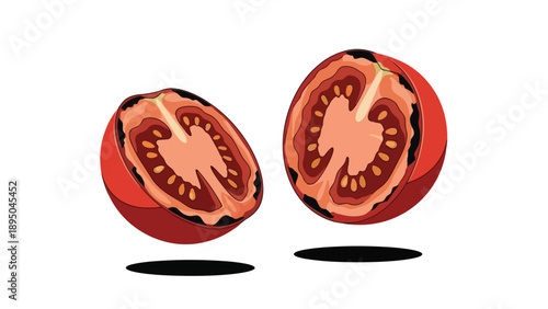 Vibrant crimson tomato halves revealing juicy pulp and edible seeds, an isolated vector illustration of fresh garden produce perfect for culinary