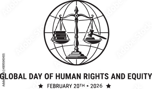Black and white vector illustration for Global Day of Human Rights and Equity with scale, books, gavel, and globe