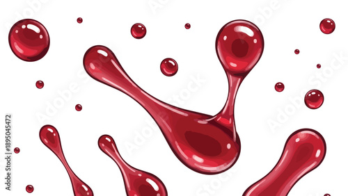 Vibrant red fluid droplets and elongated shapes demonstrating viscous liquid dynamics and interaction
