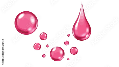 Vibrant pink liquid elements shimmering on white, a dynamic composition of lustrous droplets and spheres, showcasing fluid beauty and elegant gloss