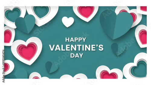 Happy valentine's day greeting with elegant paper cut hearts in teal and pink