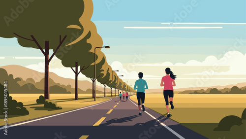 Scenic running route with people jogging in a park under clear skies