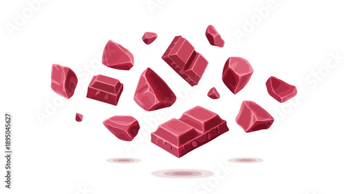 Floating pink chocolate pieces and broken bar segments creating a sweet, dynamic confectionery illustration