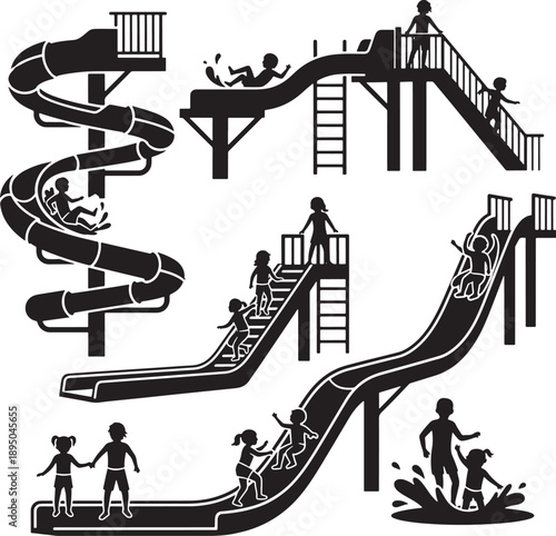 Black Silhouette Illustration of Children Playing on Water Slides and Playground