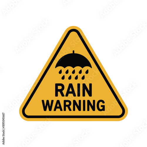 Rain Warning Sign with Umbrella and Raindrops on Yellow Background