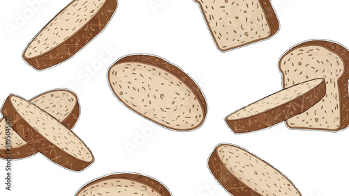 A delightful and wholesome digital illustration featuring various slices of freshly baked, textured bread scattered organically across a crisp white