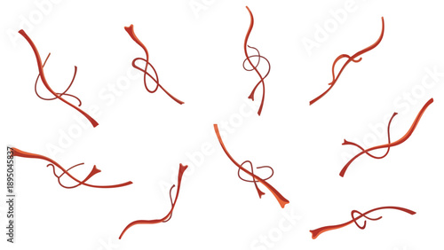 Exquisite red saffron threads scattered across a pristine white backdrop, revealing their delicate, vibrant forms, perfect for culinary and