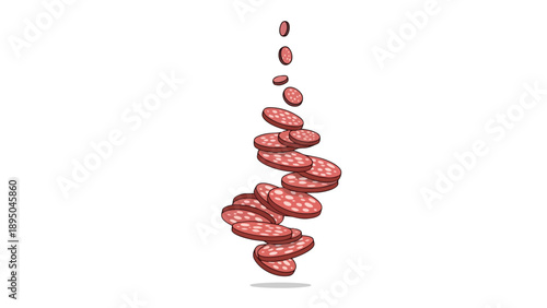 Dynamic illustration of falling salami slices creating a culinary visual against a clean white background, perfect for food themes and deli concepts.