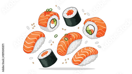 Vibrant illustration of Japanese sushi. Salmon nigiri and maki rolls with avocado, roe, sesame. Scattered on white background. Ideal for Asian