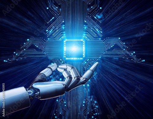 futuristic robotic hand reaching toward glowing digital circuit board symbolizing technology and innovation in artificial intelligence and automation