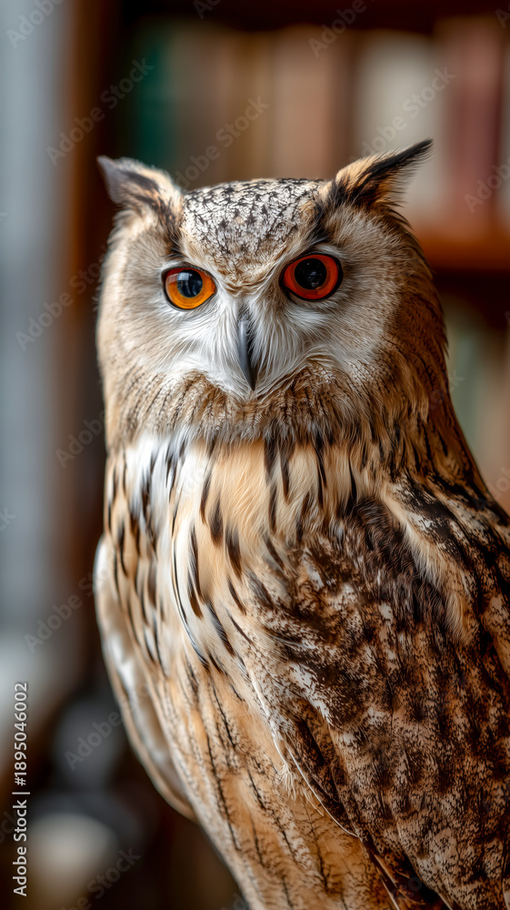 Obraz premium Wise Owl Perched, Staring Ahead with Intense Gaze and Colorful Plumage