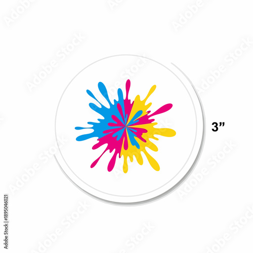 White circular sticker featuring a vibrant paint splatter design in blue, pink, and yellow, measuring 3 inches in diameter.