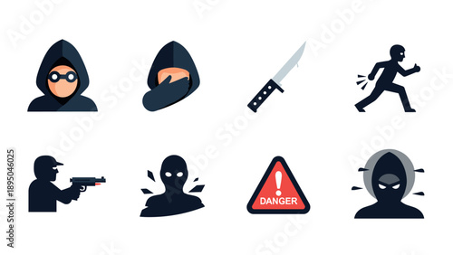 Crime and danger icons set: flat style for modern security awareness