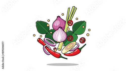 Fresh Asian culinary ingredients artfully arranged: chili, onion, lemongrass, and kaffir lime