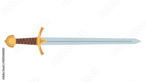 Medieval sword with gold and brown hilt on white background