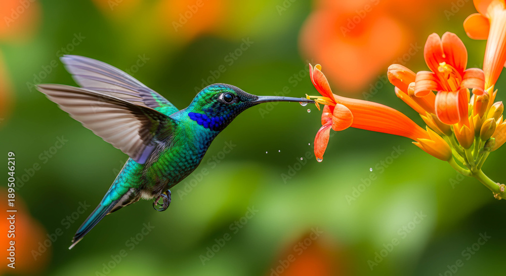 Fototapeta premium Green hummingbird feeding from orange flower. Wildlife scene showing bird pollinating blossom. Nature in vibrant color.