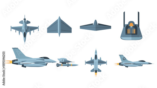 Military aircraft set with top view and missile details in flat style
