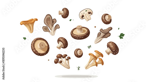 Diverse culinary mushrooms illustration on white background with herbs