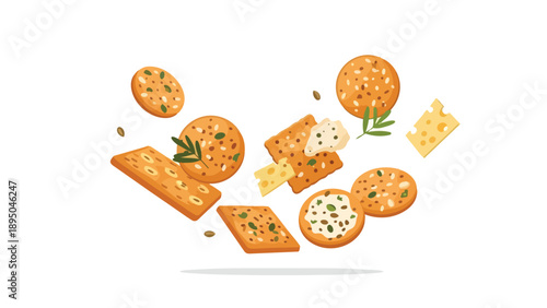 A vibrant culinary illustration showcasing an appetizing mix of wholesome seeded crackers and crisp herb-infused biscuits gracefully levitating with