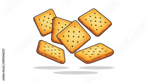 Crispy baked square and rectangular crackers artfully floating with light shadows on a pristine white background