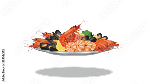 An exquisite illustrative depiction of a vibrant seafood platter showcasing an abundant array of fresh prawns mussels and scallops garnished with