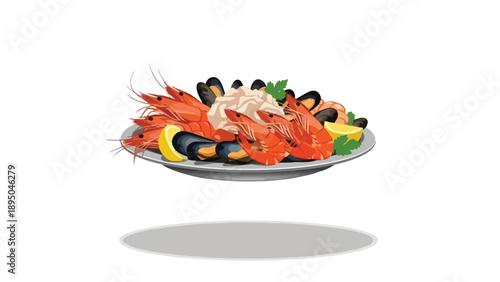 Illustrative platter of ocean harvest. A generous serving of succulent prawns, fresh mussels, creamy sauce, and vibrant citrus slices, garnished