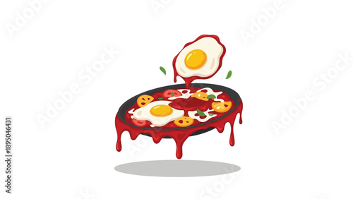 Captivating breakfast illustration showcasing a rustic pan with two sunny eggs vibrant tomato slices fresh herbs and a luscious red sauce with