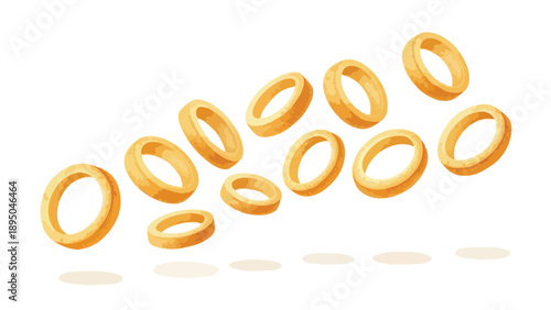 Delicious golden fried rings falling through a crisp white space, ready to be a delightful snack. Perfect for fast food menus and culinary designs.