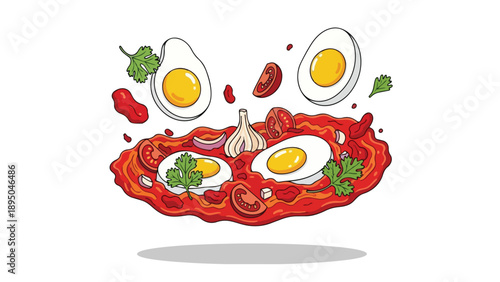 Vibrant cartoon illustration of savory eggs poached in a rich tomato sauce with fresh herbs and garlic