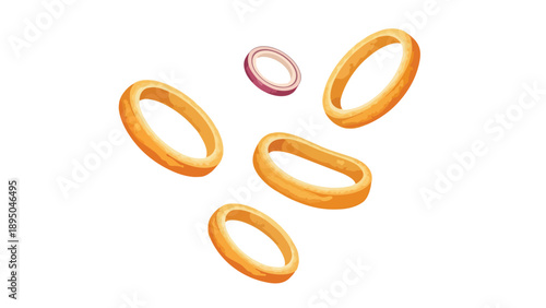 Crispy golden fried onion rings and a vibrant raw red onion slice are dynamically floating against a clean white background in this inviting food