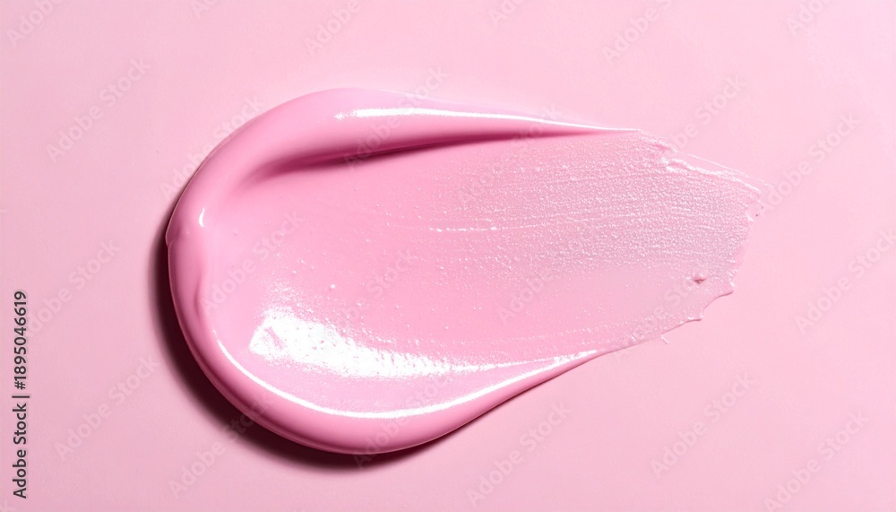 Fototapeta premium A close-up overhead view of a cosmetic product smear on a pink surface, captured from directly above in a studio setting with soft lighting.