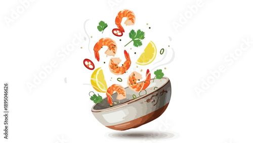 Dynamic food illustration showcasing fresh shrimp, zesty lemon, aromatic spices falling into rustic bowl, symbolizing healthy flavorful culinary art.