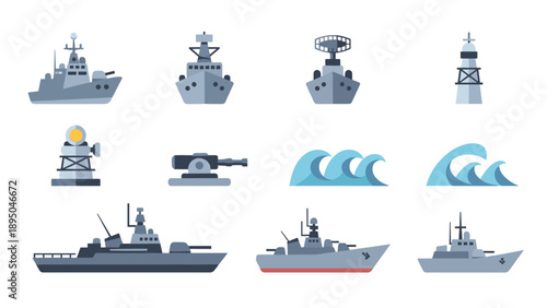 Flat nautical icons featuring warships and marine elements for design projects