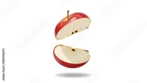 Vibrant red apple, precisely sliced into two halves, floating against a clean white backdrop, illustrating freshness.