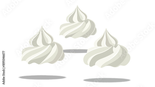 Three elegant swirls of delicate white cream, perfectly capturing the essence of sweet dessert toppings on a clean, simple, light background, ready