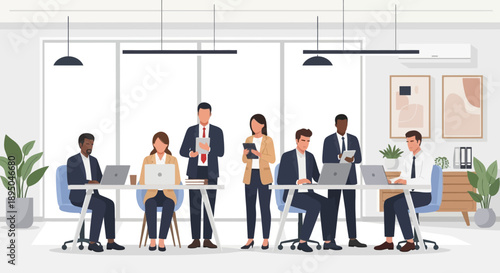 Diverse Business Professionals Working Together: Modern Office Collaboration and Teamwork Illustration