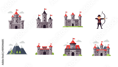 Medieval castle and archer collection with mountains and trees in flat cartoon style