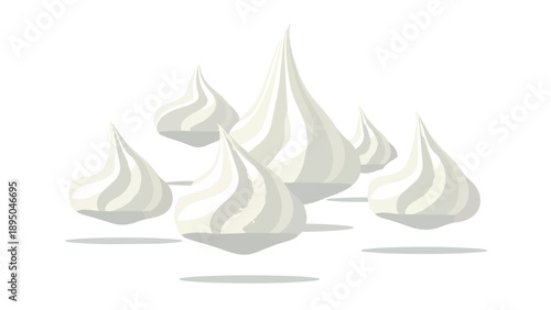 Graceful white confectionery swirls, resembling light dessert meringues or whipped cream dollops, floating with subtle shadows, creating an elegant