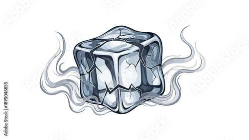 Stylized cracked ice cube with swirling vapor illustration, perfect for refreshing drink advertisements and cool abstract background designs