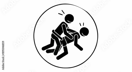 Two stick figures wrestling in a circle icon.