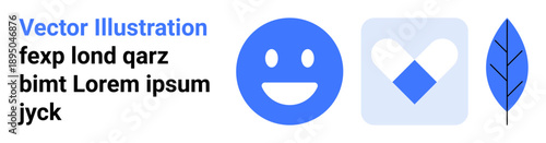 Branding, communication, health, happiness, ecology, graphic design. A smiling face, geometric heart and leaf displayed in clean flat style. Communication and happiness concept