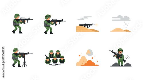 Flat military icons: soldiers, weapons, and explosions in combat scenes