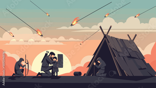 Silhouette medieval battle with family seeking shelter from flaming arrows in abstract style