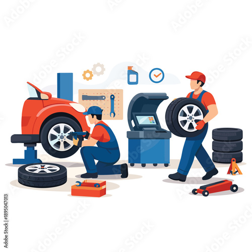 Auto repair service with two mechanics and tools