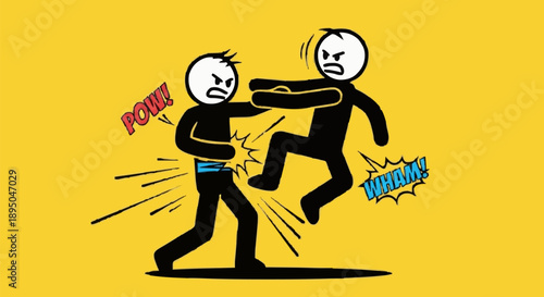 Two stick figures fighting with comic book sound effects.